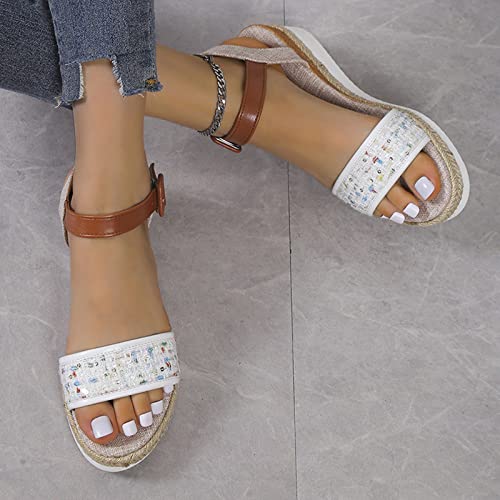 Rhinestone Sandals for Women Under 15 Summer Sequins Decorative Open Toe Buckle Wedge Heel Thick Sole Sandals (White, 7.5)