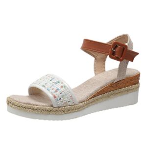 rhinestone sandals for women under 15 summer sequins decorative open toe buckle wedge heel thick sole sandals (white, 7.5)