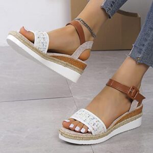 Rhinestone Sandals for Women Under 15 Summer Sequins Decorative Open Toe Buckle Wedge Heel Thick Sole Sandals (White, 7.5)