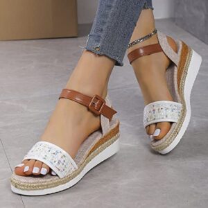 Rhinestone Sandals for Women Under 15 Summer Sequins Decorative Open Toe Buckle Wedge Heel Thick Sole Sandals (White, 7.5)