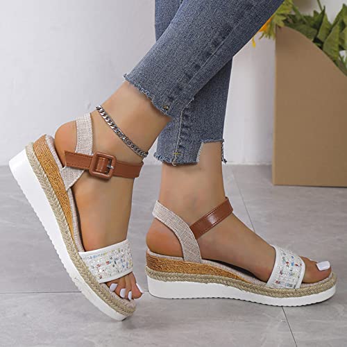 Rhinestone Sandals for Women Under 15 Summer Sequins Decorative Open Toe Buckle Wedge Heel Thick Sole Sandals (White, 7.5)