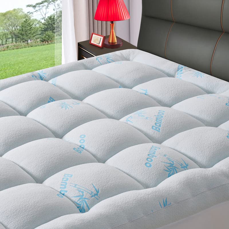 KELTARO Extra Thick Bamboo Mattress Topper King Size Bed,Cooling Mattress Pad Cover Plush Soft Noiseless Down Alternative Fill,with 8-21" Deep Pocket