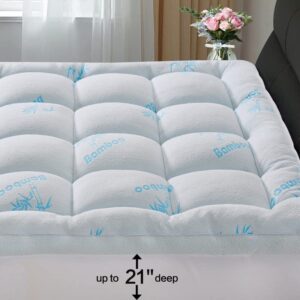 KELTARO Extra Thick Bamboo Mattress Topper King Size Bed,Cooling Mattress Pad Cover Plush Soft Noiseless Down Alternative Fill,with 8-21" Deep Pocket