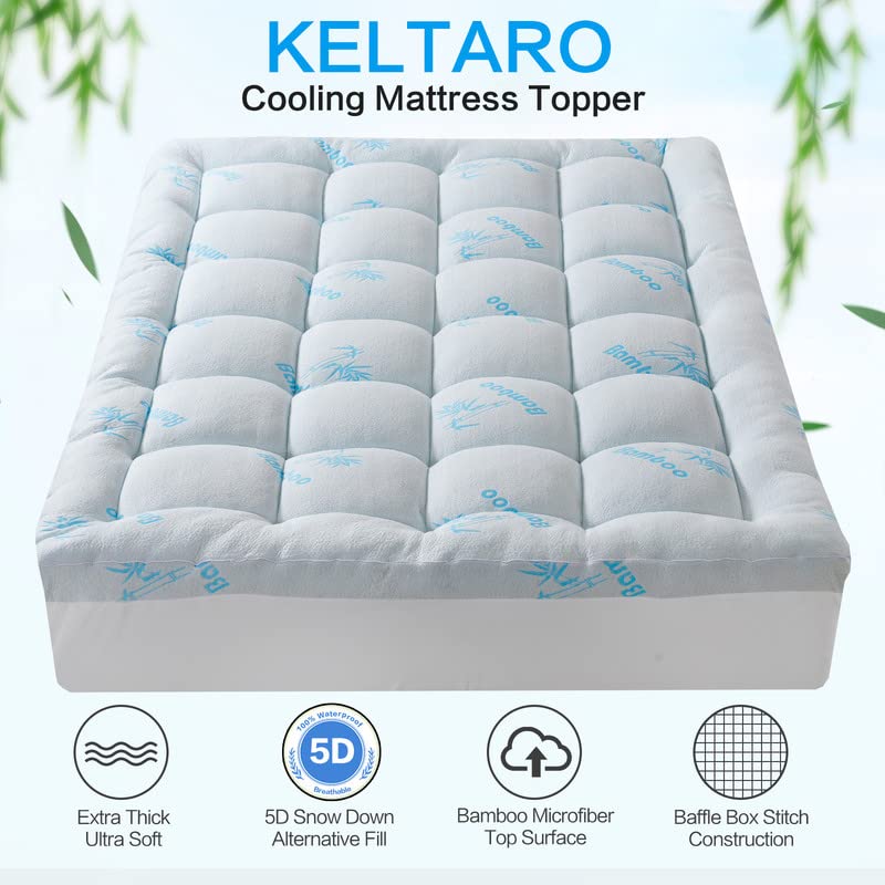 KELTARO Extra Thick Bamboo Mattress Topper King Size Bed,Cooling Mattress Pad Cover Plush Soft Noiseless Down Alternative Fill,with 8-21" Deep Pocket