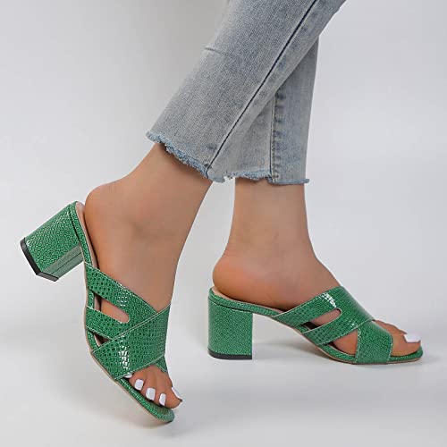 Womens Wedges Sandals Tan Women Sandals Summer Pattern Solid Open Toe Thick Heel Square Heel Slip On Shoes (Green, 7.5)