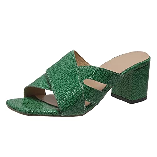 Womens Wedges Sandals Tan Women Sandals Summer Pattern Solid Open Toe Thick Heel Square Heel Slip On Shoes (Green, 7.5)