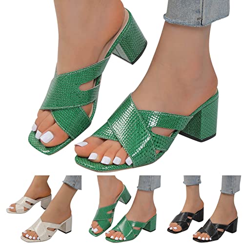 Womens Wedges Sandals Tan Women Sandals Summer Pattern Solid Open Toe Thick Heel Square Heel Slip On Shoes (Green, 7.5)