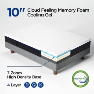 moonslide Memory Foam Mattress 10 Inch King Cooling Gel Cloud Feeling, 7 Zone High Density Certified Foam