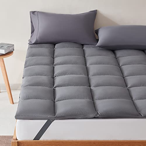 SLEEP ZONE Full Size Cooling Mattress Topper Quilted Fitted Mattress Pad Cover Soft Fluffy Down Alternative Pillow Top Bed Topper Deep Pocket 8-21 Inch (Grey, Full)