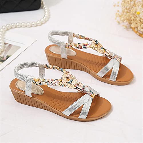 Sandals Women Wide Width Ladies Fashion Bohemian Summer Leather Knitted Rhinestone Decoration Slope Heel Sandals (Silver, 9)