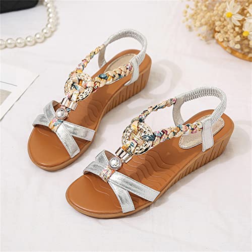 Sandals Women Wide Width Ladies Fashion Bohemian Summer Leather Knitted Rhinestone Decoration Slope Heel Sandals (Silver, 9)