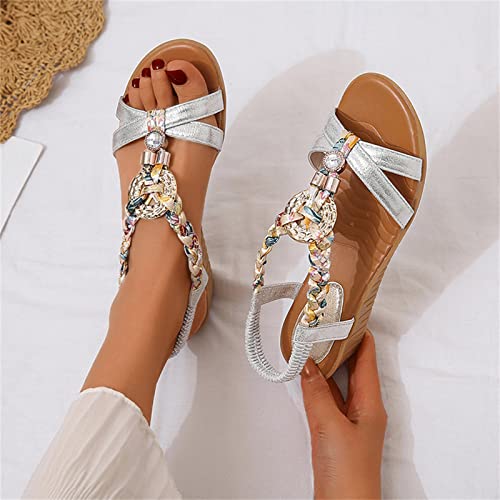 Sandals Women Wide Width Ladies Fashion Bohemian Summer Leather Knitted Rhinestone Decoration Slope Heel Sandals (Silver, 9)