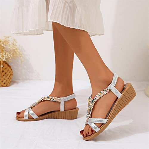 Sandals Women Wide Width Ladies Fashion Bohemian Summer Leather Knitted Rhinestone Decoration Slope Heel Sandals (Silver, 9)