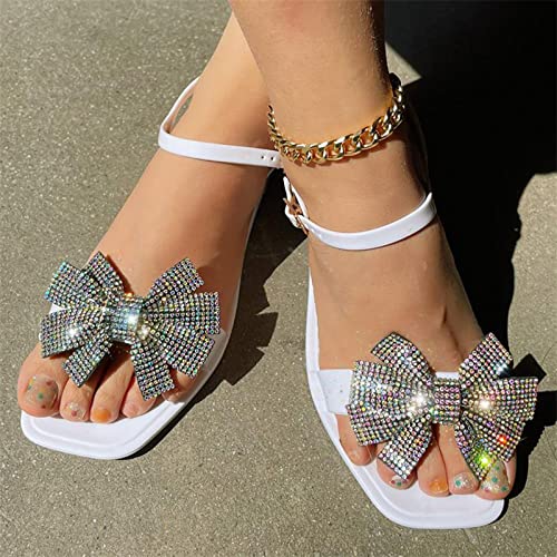 Nine Sandals for Women Size 5 Women Shoes Fashion Bright Diamond Bowknot Bright Diamond Sandals Flash Diamond One Foot (White, 6.5)
