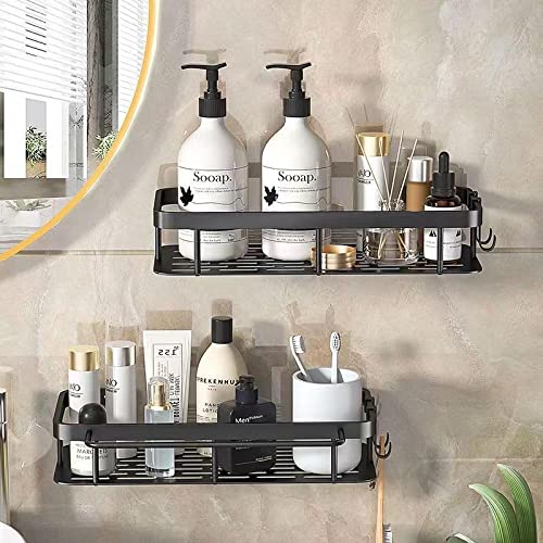 JZRH Shower Box, Strong Adhesive Shower Box Set of 2, with Hanging Rod and 2 Detachable Hooks, Suitable for Bathroom, Kitchen, Balcony and Toilet Black