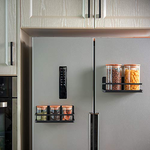 2 Pack - Magnetic Spice Rack, Fridge Organizer Shelf, Side Wall Refrigerator Storage for Spices, Utensils or Plates, Works as Towel Holder with Hooks, Organization for Home and Kitchen (Black)
