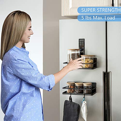2 Pack - Magnetic Spice Rack, Fridge Organizer Shelf, Side Wall Refrigerator Storage for Spices, Utensils or Plates, Works as Towel Holder with Hooks, Organization for Home and Kitchen (Black)