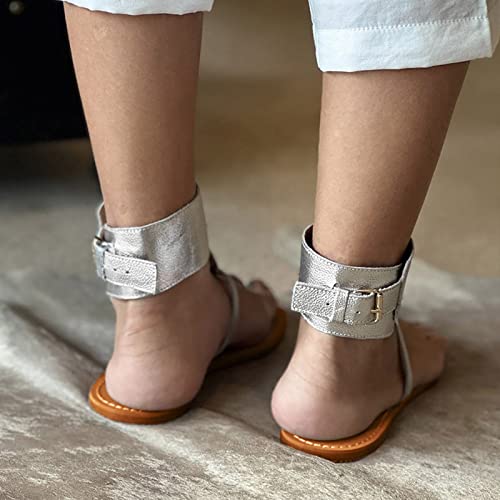 Womens Comfort Sandals with Arch Support Summer Solid Buckle Strap Casual Open Toe Wedges Soft Bottom Shoes Sandals (Silver, 6.5)