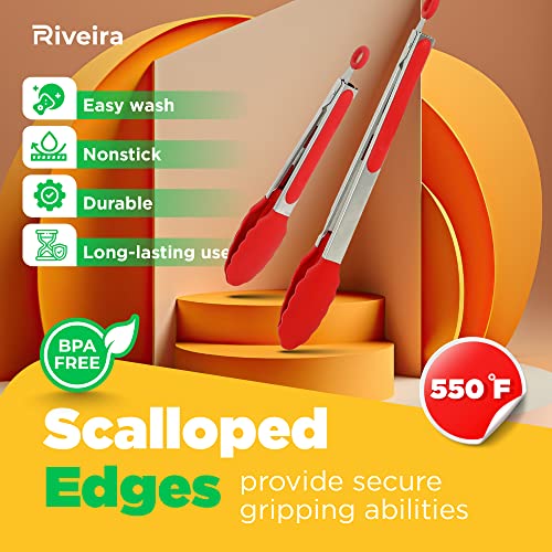 Riveira Red Tongs for Cooking with Silicone Tips | 9 and 12-Inch Pieces | Non-Stick Kitchen Grill Tongs | BBQ Tongs for Grill | 550°F High Heat-Resistant Premium Silicone Tips | 304 Stainless Steel