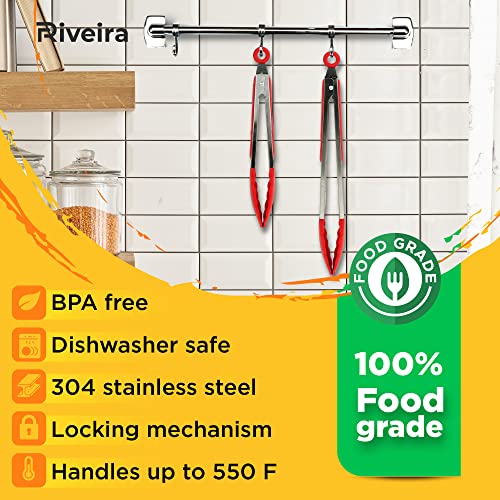 Riveira Red Tongs for Cooking with Silicone Tips | 9 and 12-Inch Pieces | Non-Stick Kitchen Grill Tongs | BBQ Tongs for Grill | 550°F High Heat-Resistant Premium Silicone Tips | 304 Stainless Steel