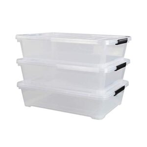 hommp 3-pack plastic under bed storage box container, 40 quart clear stackable storage box wheeled latching box