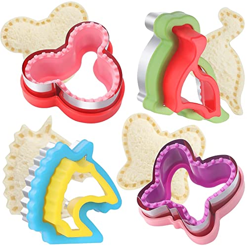Sandwich Cutter and Sealer, Bread Decruster Sandwich Maker Cookie Fruit Vegetable Cutters, 4Pcs Sandwich Cutter and Sealer Set for Kids Lunchbox and Bento Box(Dinosaur, Butterfly, Unicorn and Mouse)