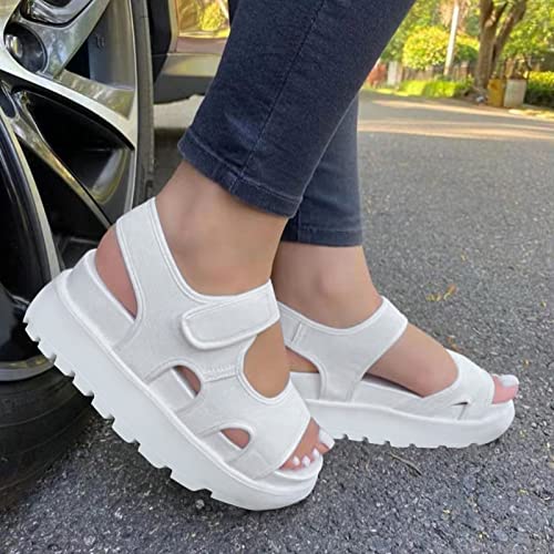 Sandals for Women Size 12 Ladies Fashion Summer Tie Dyed Cloth Face Open Toe Hook Loop Thick Sole Sandals (White, 8)