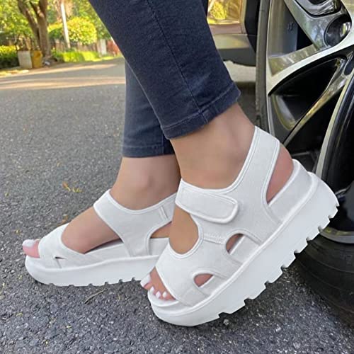 Sandals for Women Size 12 Ladies Fashion Summer Tie Dyed Cloth Face Open Toe Hook Loop Thick Sole Sandals (White, 8)