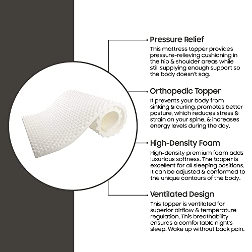 Treaton 2-inch Soft Foam Toppers with Convoluted Egg Shell Design | Extends Mattress Topper Life, Provides Proper Back Support and Relieves Pain, Improves Better Posture, Queen, Off-White