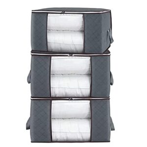 large storage bags, 3 pack clothes storage bag foldable organizers with reinforced handle thick fabric for comforters, blankets, bedding, storage with sturdy zipper, clear window, 90 l (gray)
