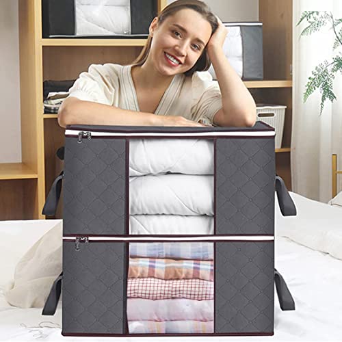 Large Storage Bags, 3 Pack Clothes Storage Bag Foldable Organizers with Reinforced Handle Thick Fabric for Comforters, Blankets, Bedding, Storage with Sturdy Zipper, Clear Window, 90 L (GRAY)