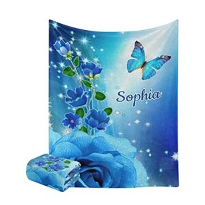 blue butterfly blue roses personalized name soft fleece bed blankets throws as birthday wedding gifts for sofa couch 50'' x 60''