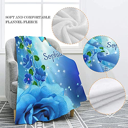 Blue Butterfly Blue Roses Personalized Name Soft Fleece Bed Blankets Throws as Birthday Wedding Gifts for Sofa Couch 50'' x 60''