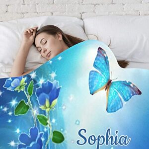 Blue Butterfly Blue Roses Personalized Name Soft Fleece Bed Blankets Throws as Birthday Wedding Gifts for Sofa Couch 50'' x 60''