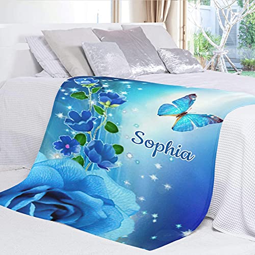 Blue Butterfly Blue Roses Personalized Name Soft Fleece Bed Blankets Throws as Birthday Wedding Gifts for Sofa Couch 50'' x 60''