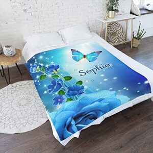 Blue Butterfly Blue Roses Personalized Name Soft Fleece Bed Blankets Throws as Birthday Wedding Gifts for Sofa Couch 50'' x 60''