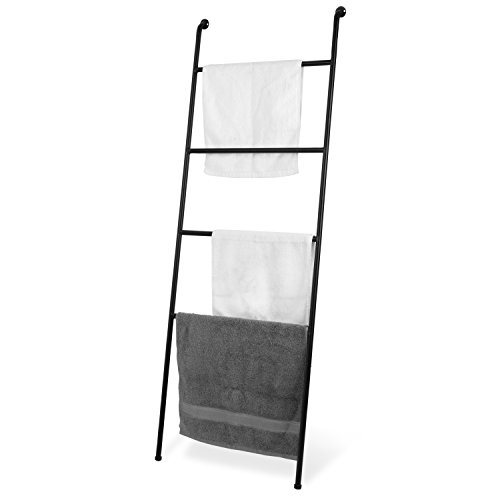 MyGift 4 Rung Black Metal Leaning Blanket Ladder Stand with Secure Wall Mount Holder, Farmhouse Bathroom Towel Ladder Rack