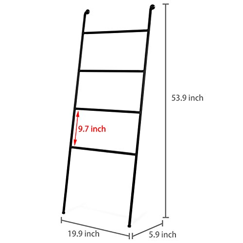 MyGift 4 Rung Black Metal Leaning Blanket Ladder Stand with Secure Wall Mount Holder, Farmhouse Bathroom Towel Ladder Rack