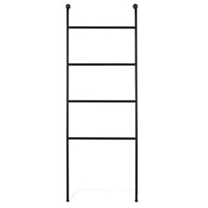 MyGift 4 Rung Black Metal Leaning Blanket Ladder Stand with Secure Wall Mount Holder, Farmhouse Bathroom Towel Ladder Rack