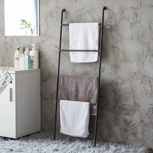 MyGift 4 Rung Black Metal Leaning Blanket Ladder Stand with Secure Wall Mount Holder, Farmhouse Bathroom Towel Ladder Rack