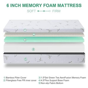 MUUEGM Twin XL Mattress 6 Inch,Green Tea Gel Memory Foam Mattress with Bamboo Cover,Mattress in a Box,Medium Feels,Breathable Bed Mattresses with CertiPUR-US Certified,USA