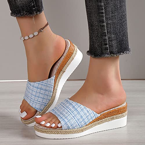 Flat Sandals for Women Size 8 Ladies Fashion Color Matching Cloth Open Toe Casual Slope Heel Thick Sole Sippers (Light Blue, 8)