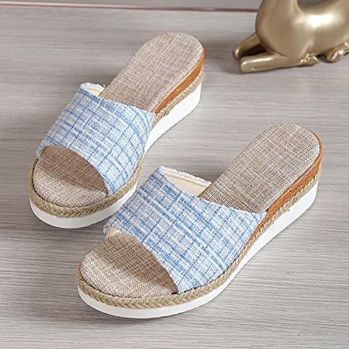 Flat Sandals for Women Size 8 Ladies Fashion Color Matching Cloth Open Toe Casual Slope Heel Thick Sole Sippers (Light Blue, 8)