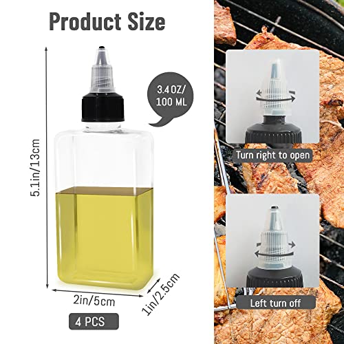 LELE LIFE 4Pcs Small Oil Dispenser Bottle for Camping, 3.4oz Leak-Proof Squeeze Condiment Bottle with Twist Top Cap, Liquid Condiment Container Dispensing Bottles for Oil Soy Sauce Vinegar