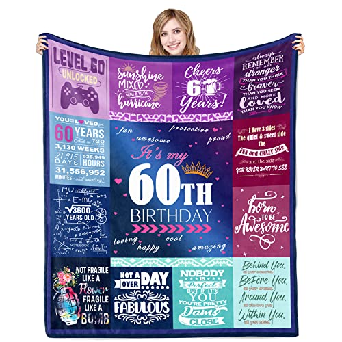 60th Birthday Gifts for Women Blanket 60x50in, 60th Birthday Gifts for Her, 60th Birthday Decorations for Women, 60 Year Old Birthday Gifts for Women Sister Wife Mom Grandma Soft Warm Throw Blanket