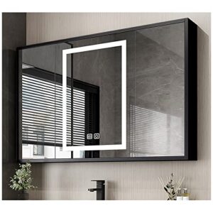 wooden bathroom medicine cabinet with led light & defogger, bathroom storage cabinet with hd frameless mirror, over toilet bathroom mirror cabinet, with mounting kits (size : 90cm-black)