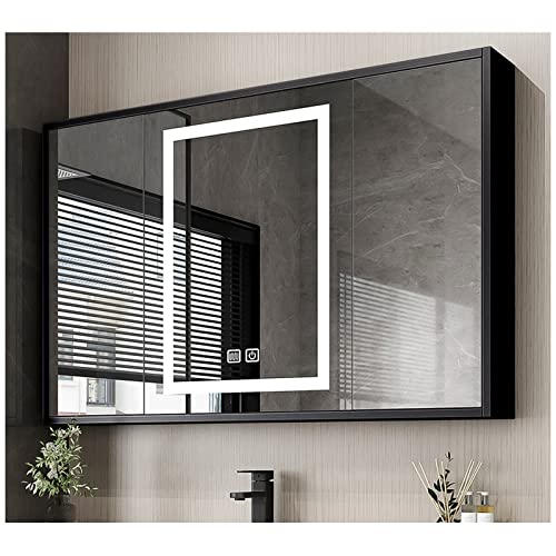 Wooden Bathroom Medicine Cabinet with LED Light & Defogger, Bathroom Storage Cabinet with HD Frameless Mirror, Over Toilet Bathroom Mirror Cabinet, with Mounting Kits (Size : 90cm-Black)