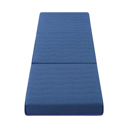 PrimaSleep 4 inch Tri-Folding Topper, Narrow Twin, Blue, Supportive Memory Foam, Best for Visitors Sleepovers Car Trips Camping or Dorm Room Bed (Blue)