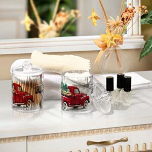 Gredecor Christmas Winter Qtip Holder Dispenser 2 Pack Red Xmas Tree Truck Winter Snowflake Dog Bathroom Decorative Storage Canister Holder Counter Vanity Organizer for Cotton Ball Swabs Pads Floss