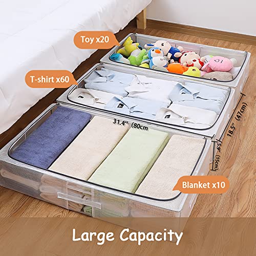 Under Bed Storage Containers, Clear Under Bed Storage Bags Sturdy Foldable Clothes Organizers Storage Bins for Clothing Blankets Bedding Comforter Bedroom Closet Dorm, with Reinforced Handles, 2-Pack